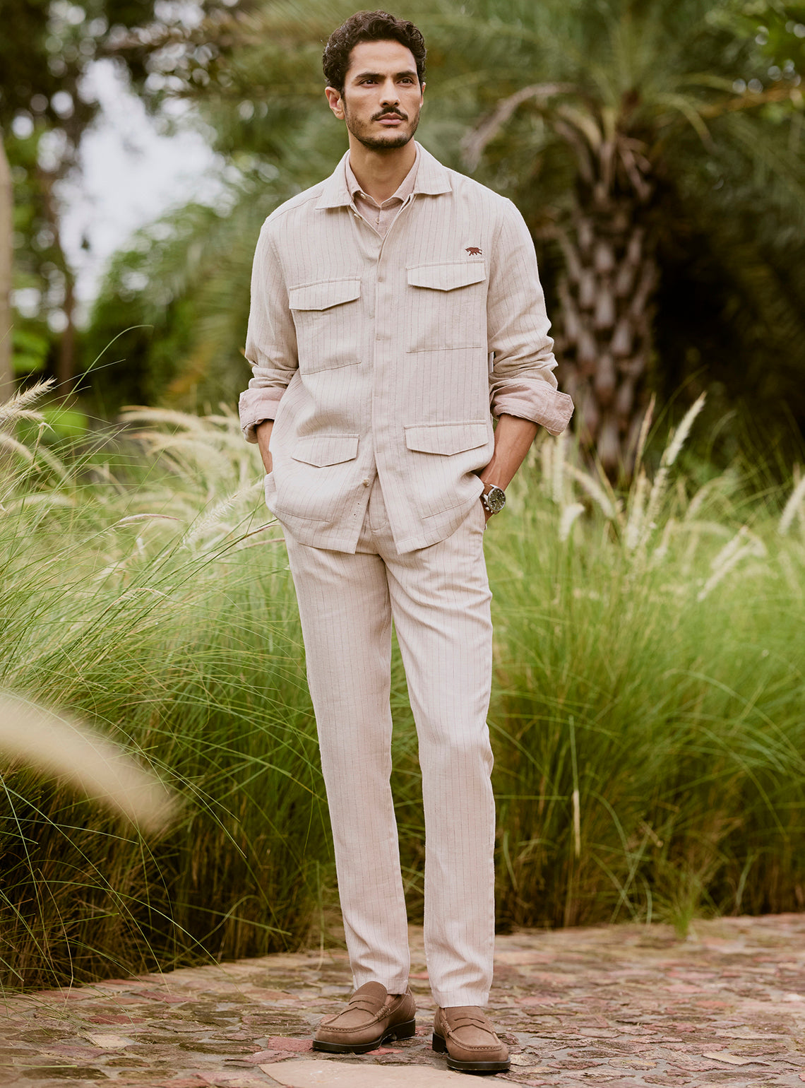Buy Vista Khaki Linen Jacket | Casual Khaki Stripe Jacket for Men