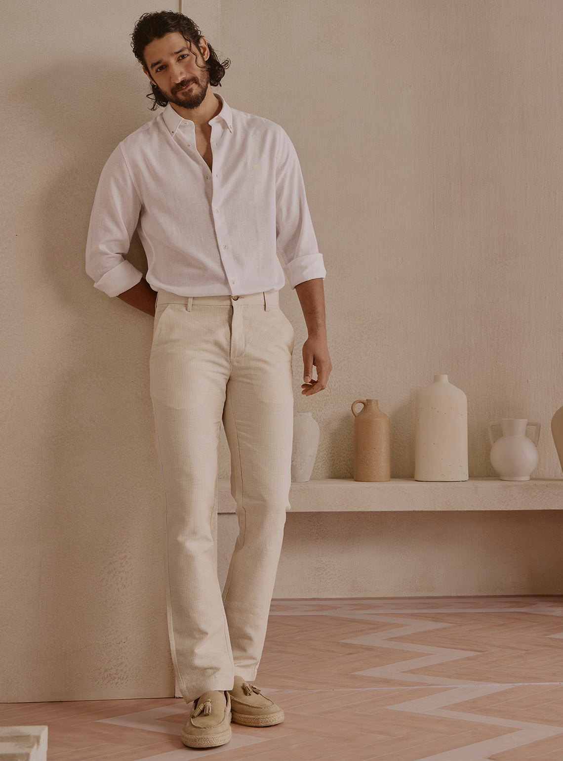 Dune Beige Linen Stripe Trousers