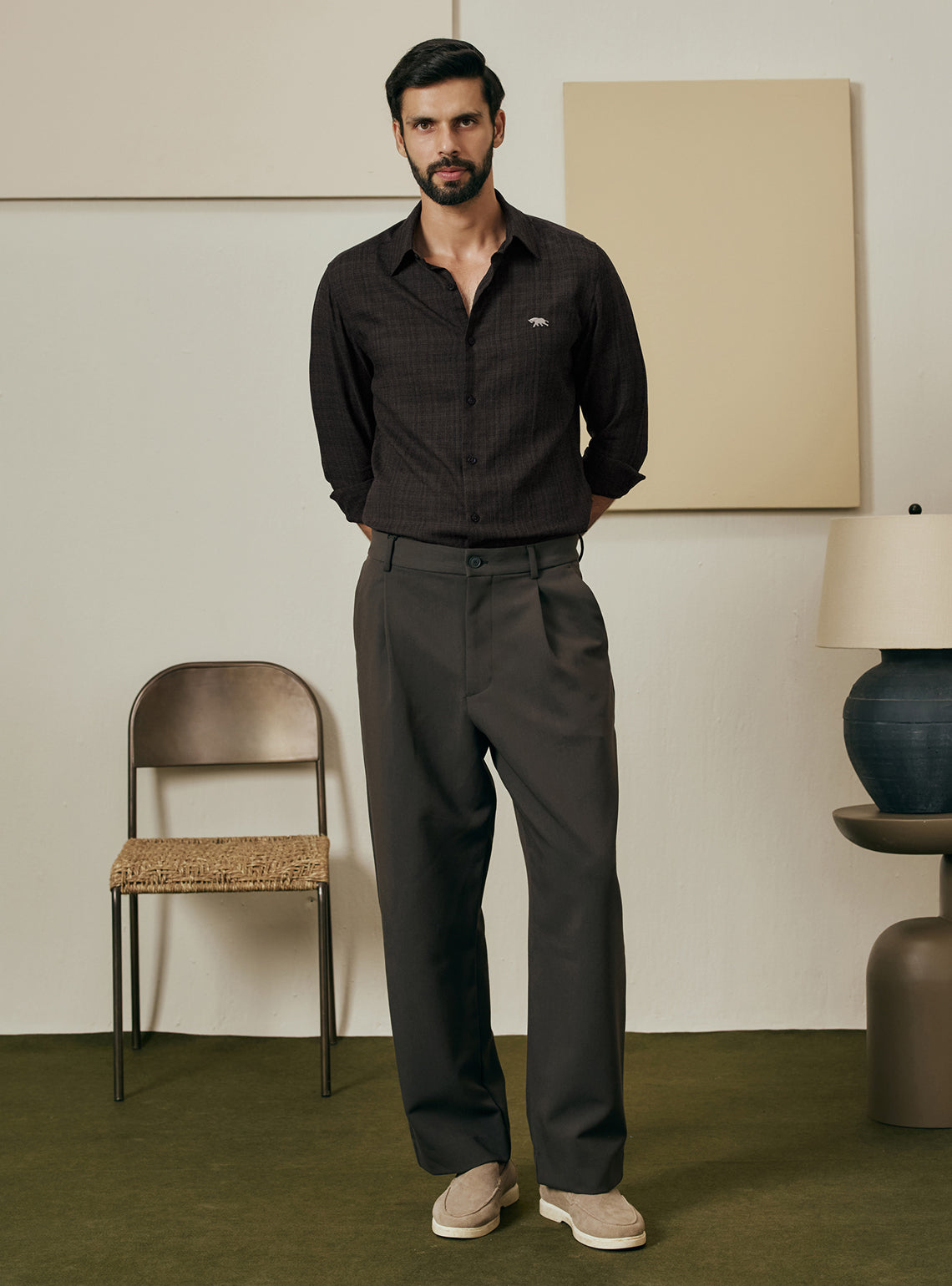 Espresso Brown Melange Check Cotton Shirt