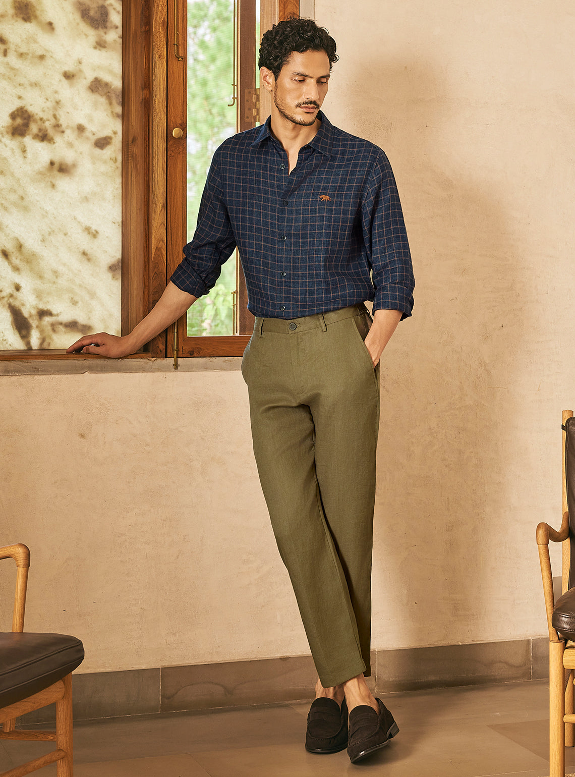 Harbor Navy European Linen Check Shirt