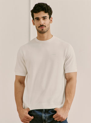 Daybreak White Cotton Honeycomb Knit Crewneck