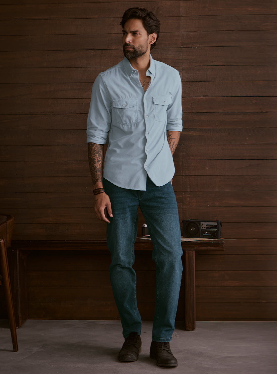 Glacier Blue Cotton Tencel Corduroy Shirt