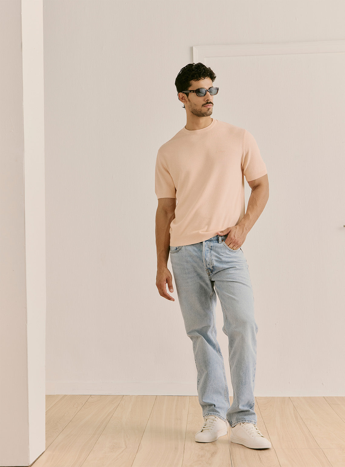 Petal Pink Cotton Honeycomb Knit Crewneck