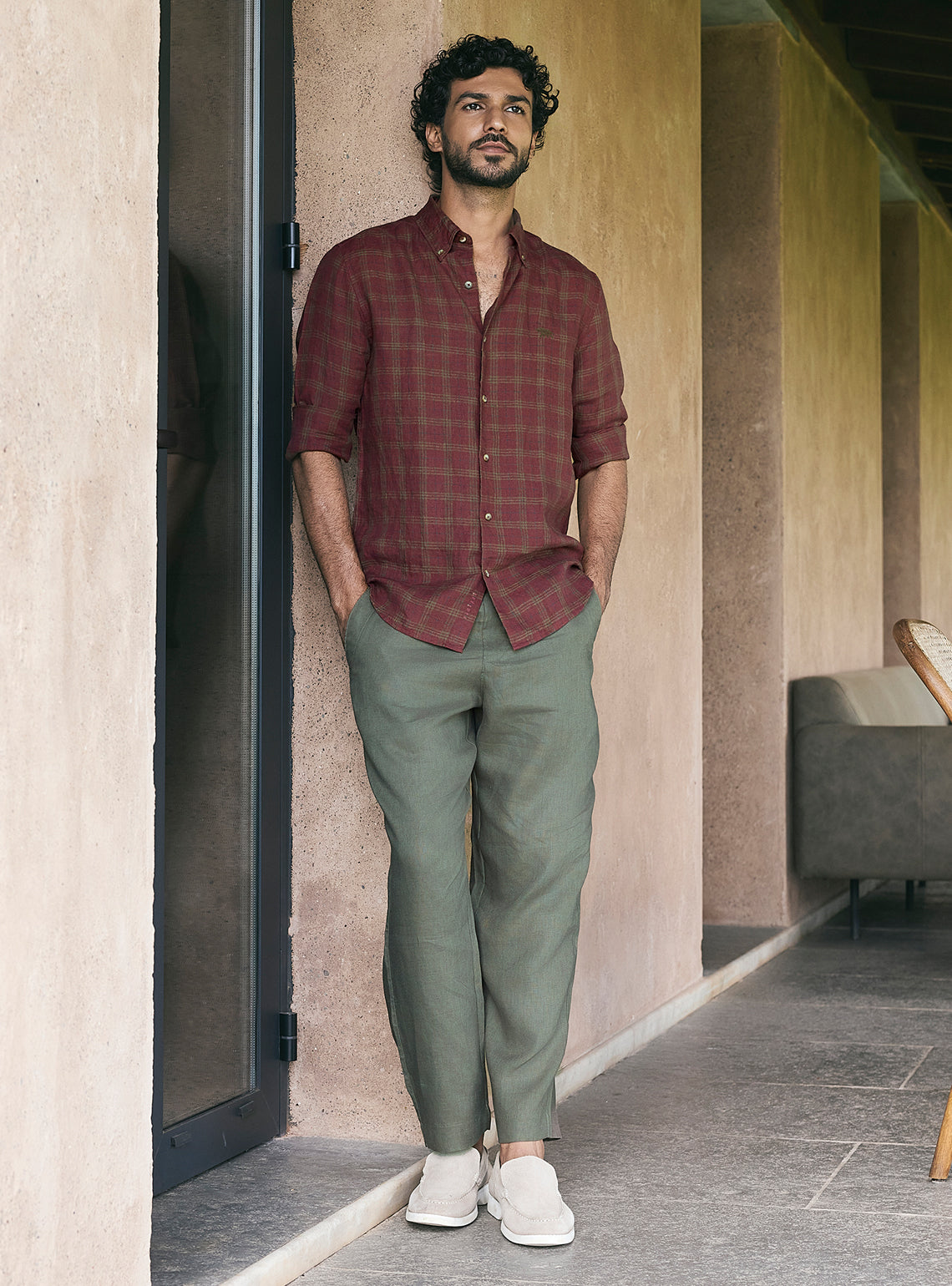 Plum Burgundy European Linen Check Shirt