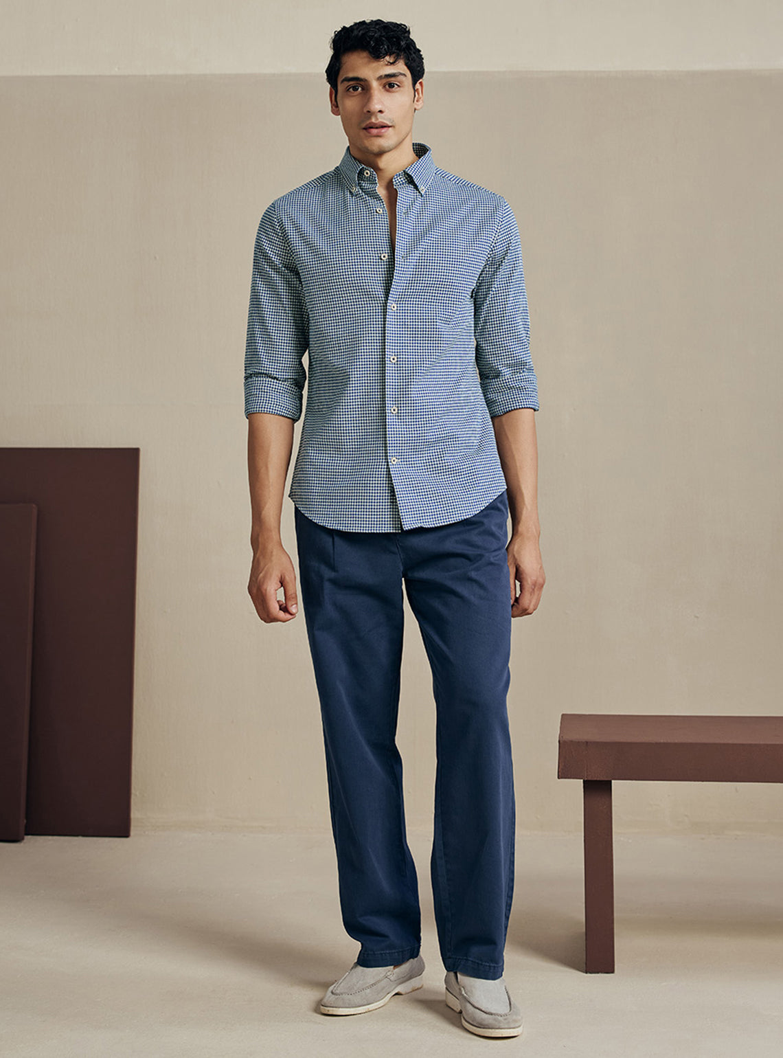 Deep Blue Houndstooth Dobby Cotton Shirt