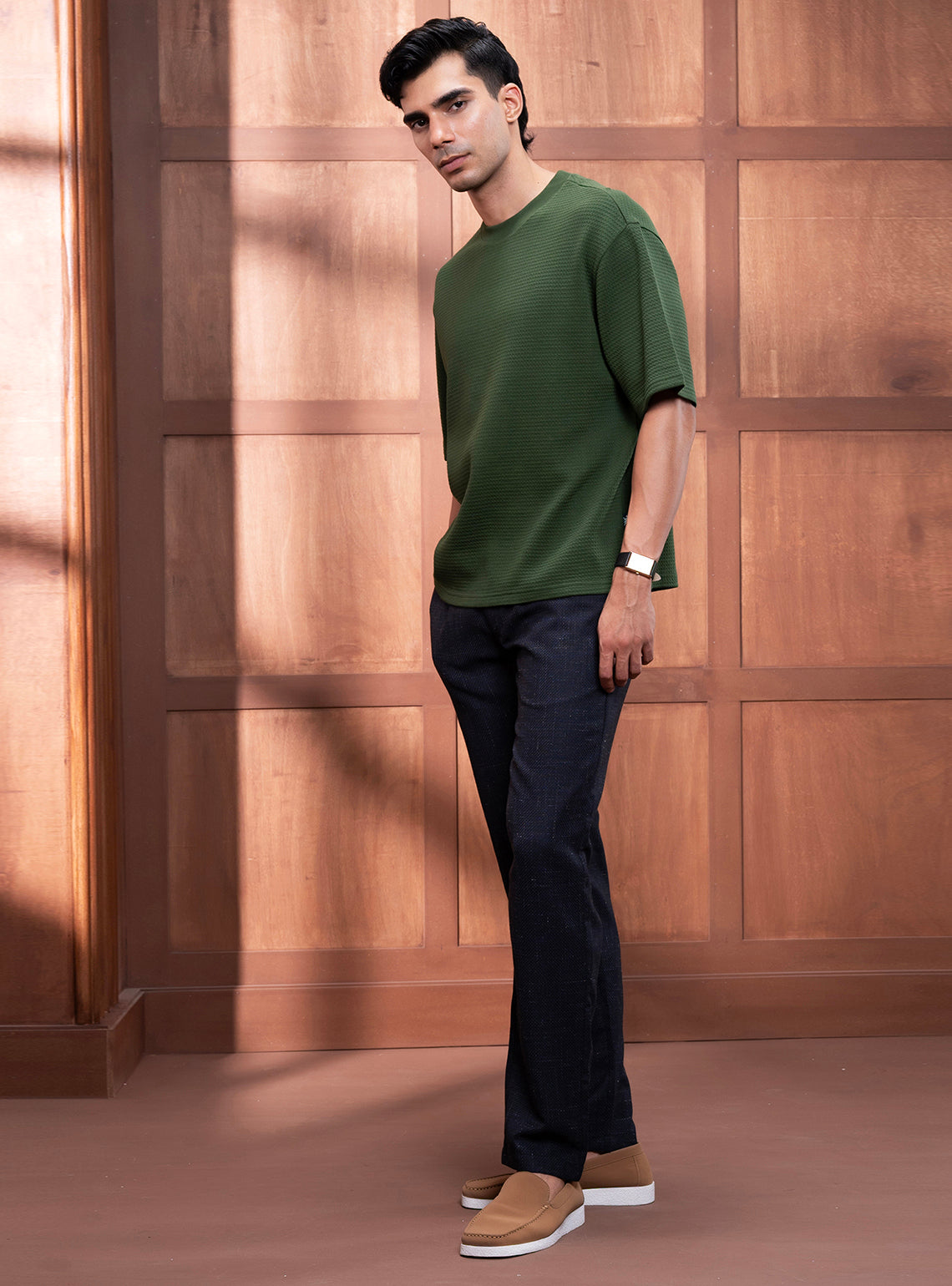 Brook Olive Cotton Jacquard Crew