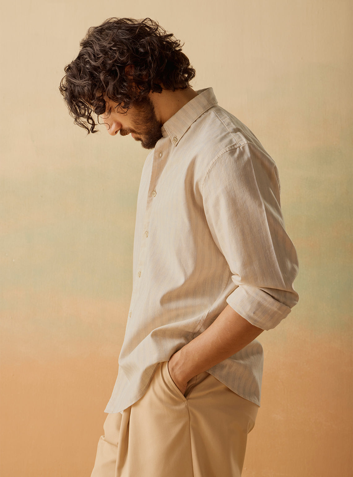 Beige Linen Cotton Stripe Shirt