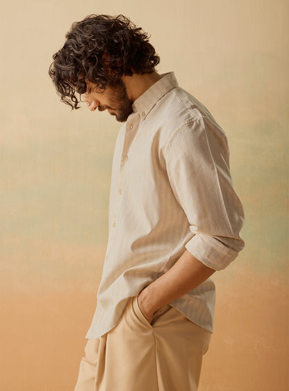 Beige Linen Cotton Stripe Shirt