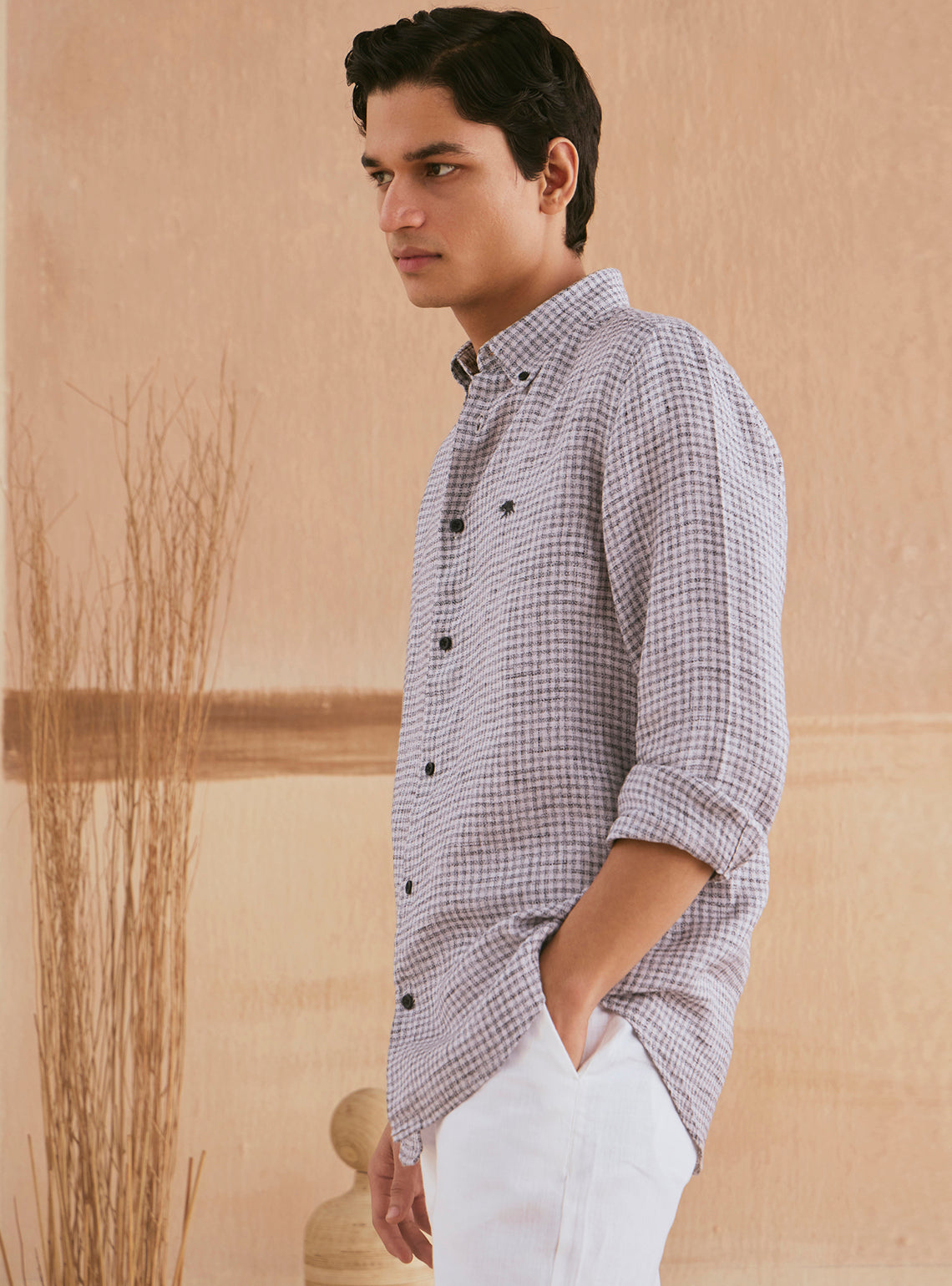 Buy Flint Khaki Check Linen Shirt | Casual Khaki Check Shirt Neck