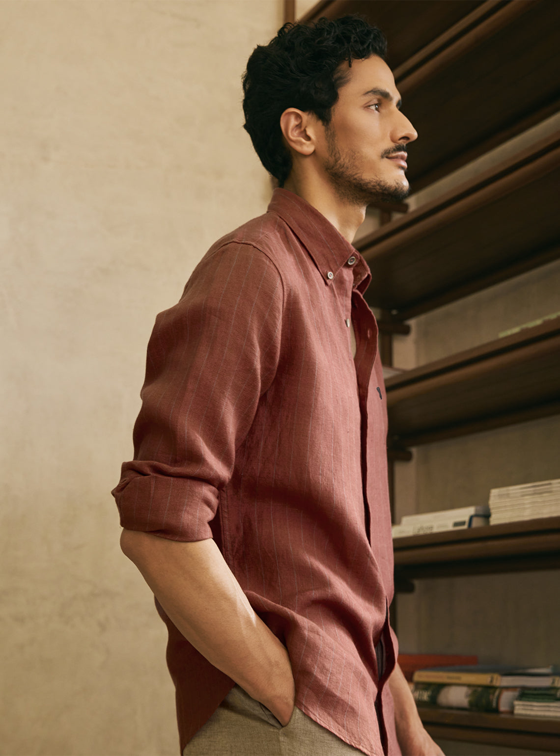 Flare Red European Linen Stripe Shirt