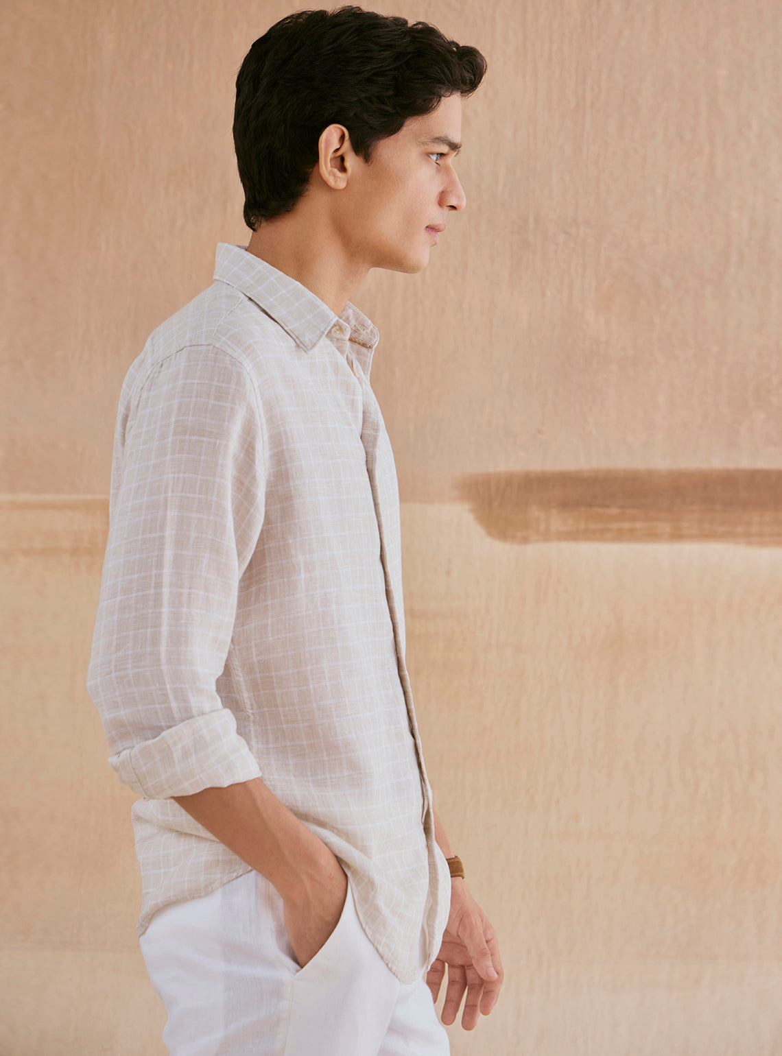 Pearl Beige Check Linen Shirt