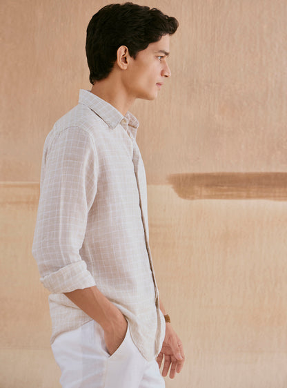 Pearl Beige Check Linen Shirt