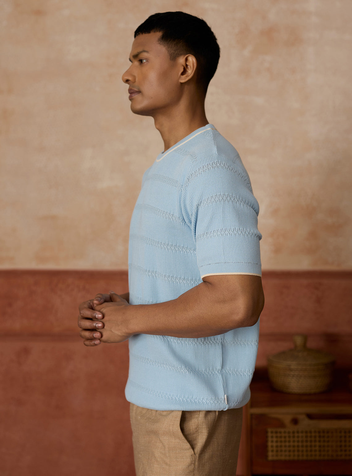 Harbour Blue Cotton Textured Crewneck