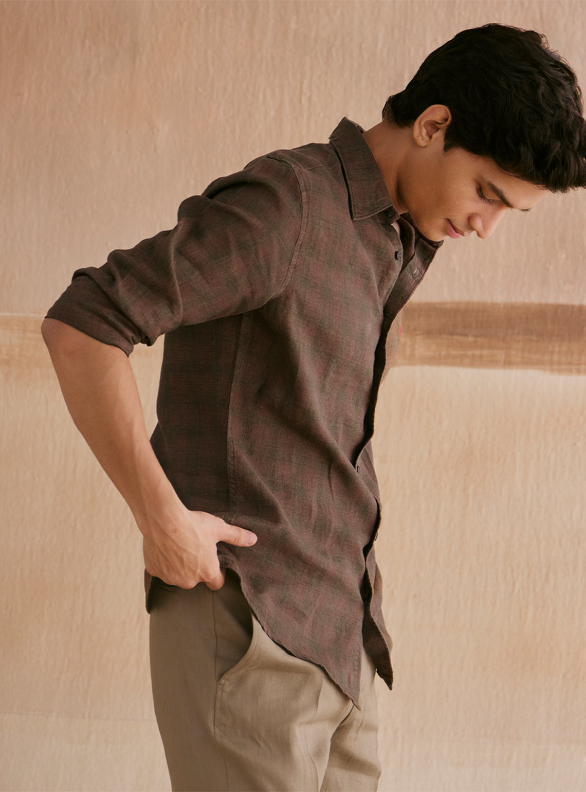 Roman Brown European Linen Check Shirt