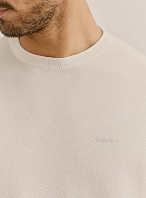 Daybreak White Cotton Honeycomb Knit Crewneck