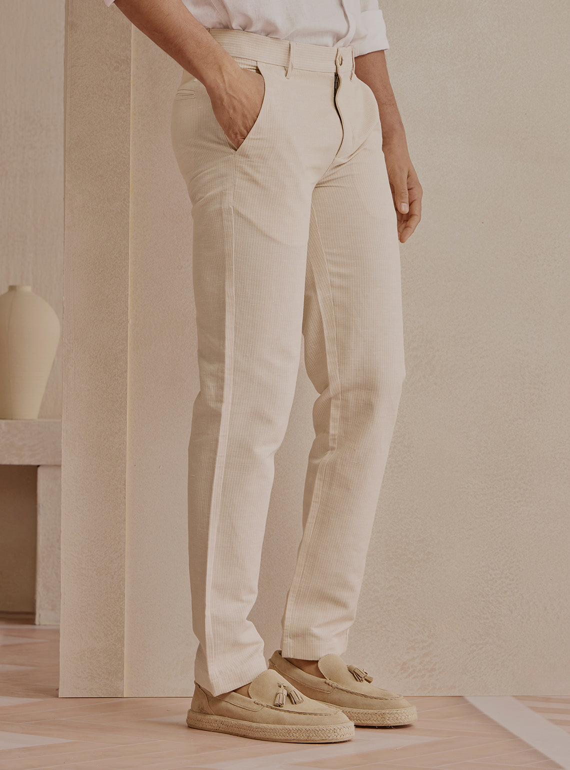 Dune Beige Linen Stripe Trousers