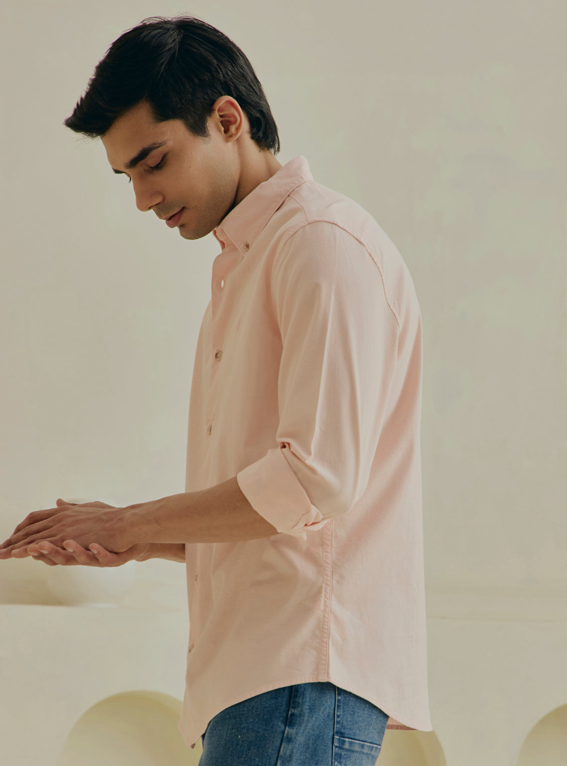 Peach Pink Cotton Stretch Oxford Shirt