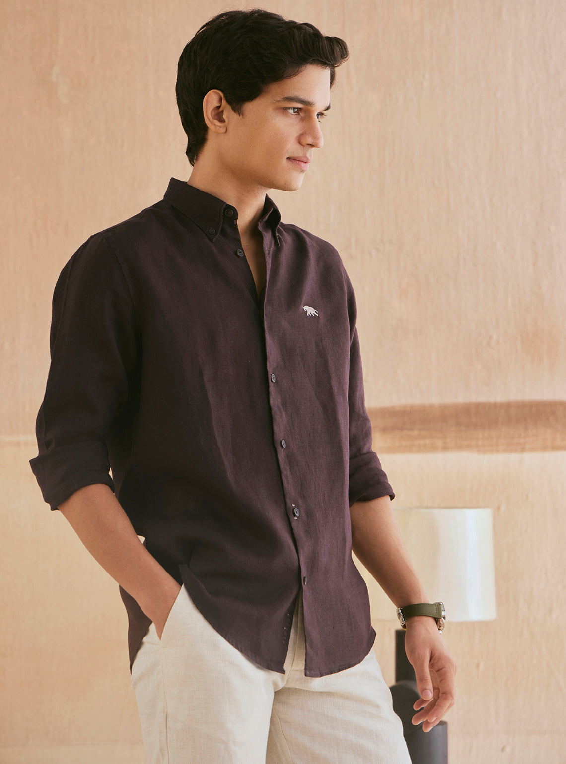 Buy Deep Brown Linen Shirt | Casual Brown Solid Shirt Neck for Men