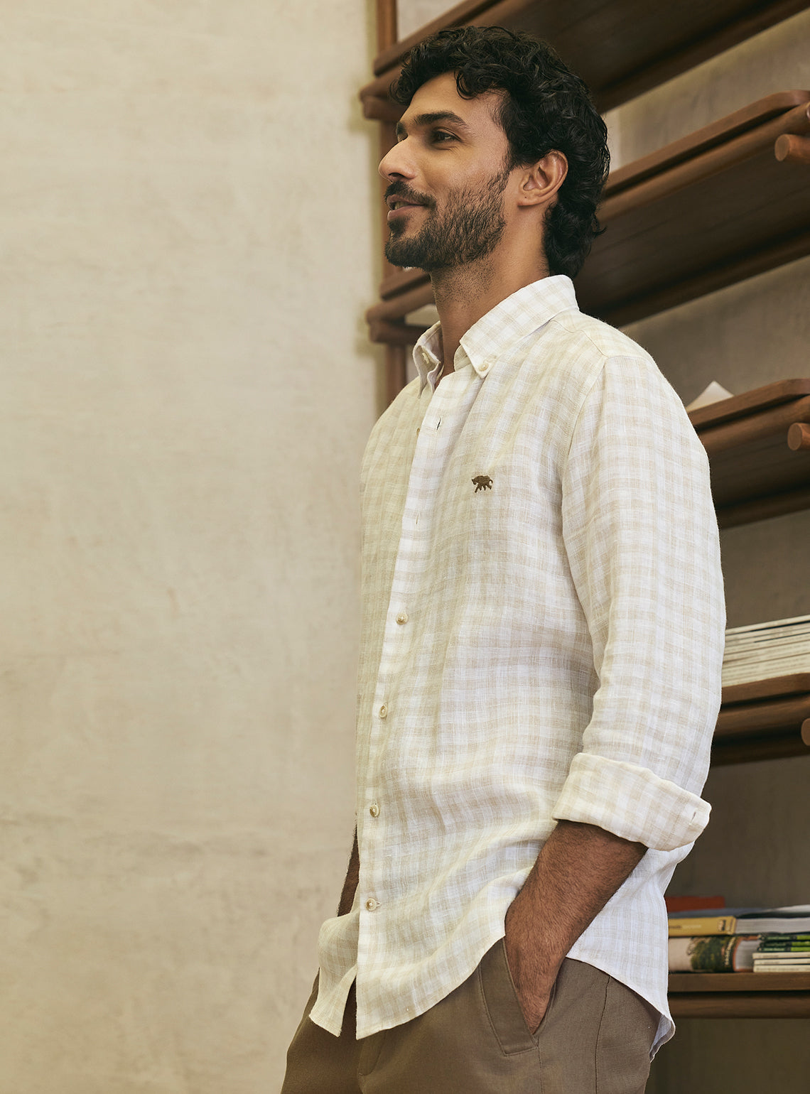 Sandstone Khaki Check Linen Shirt
