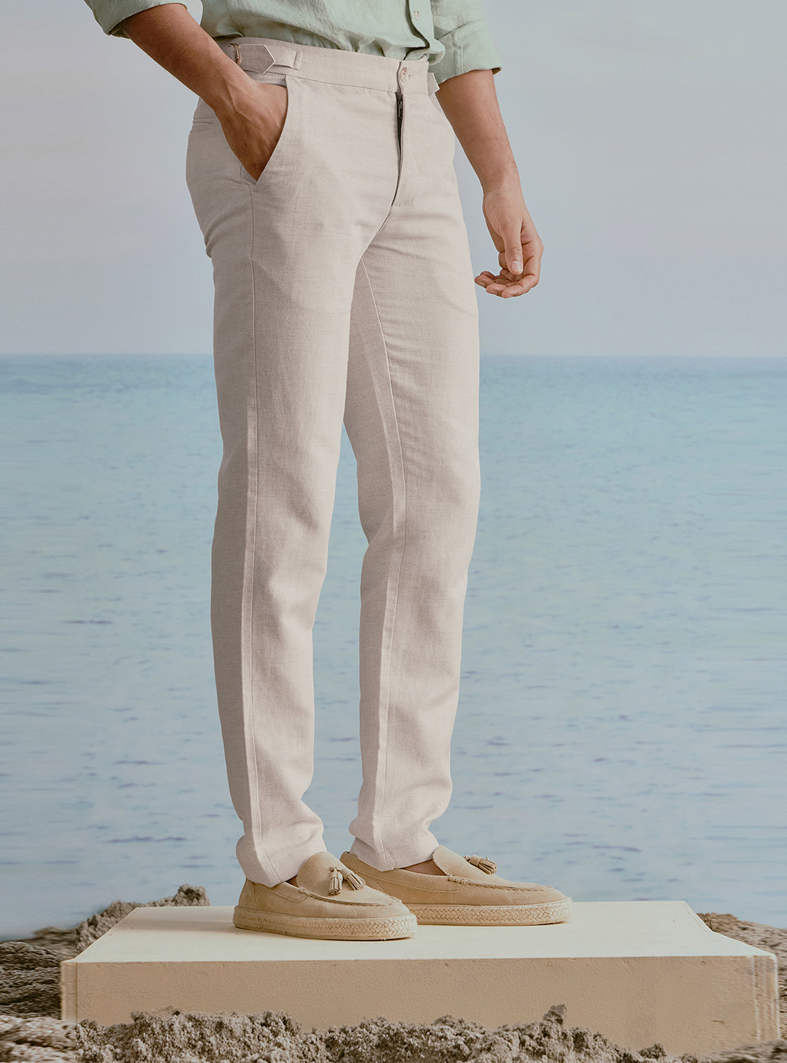 Dune Beige Linen Herringbone Trousers