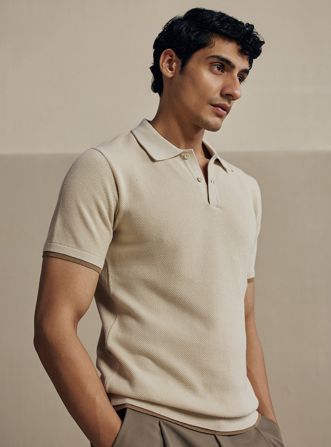 Chalky Off White Moss Knit Cotton Polo