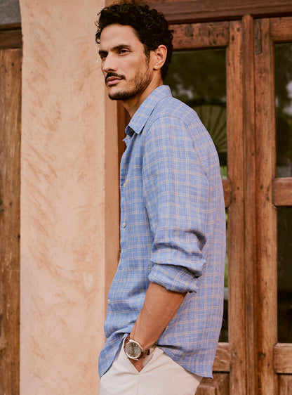 Lagoon Blue Check Linen Shirt