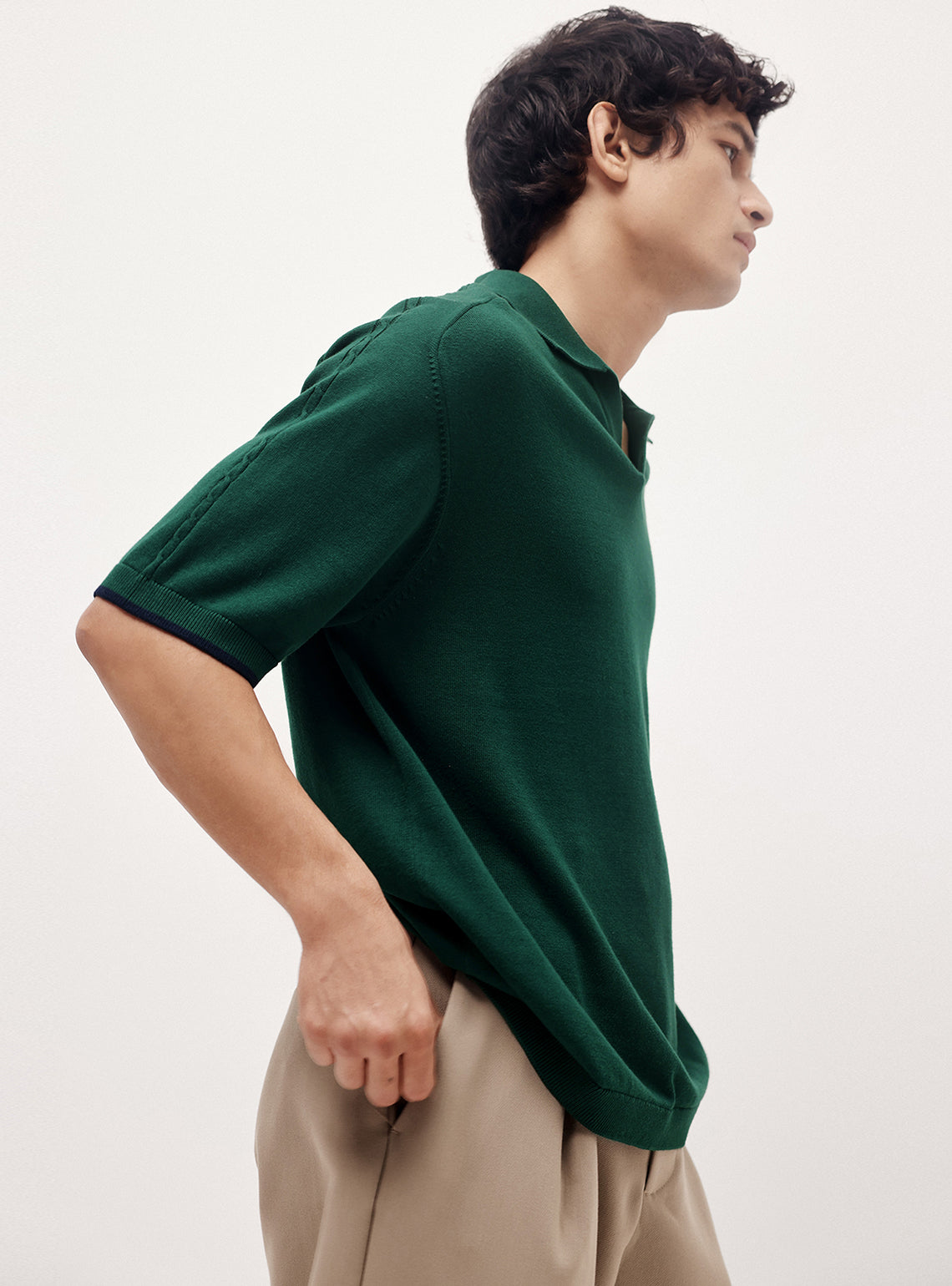 Nordic Green Cotton Micro Cable Knit Polo