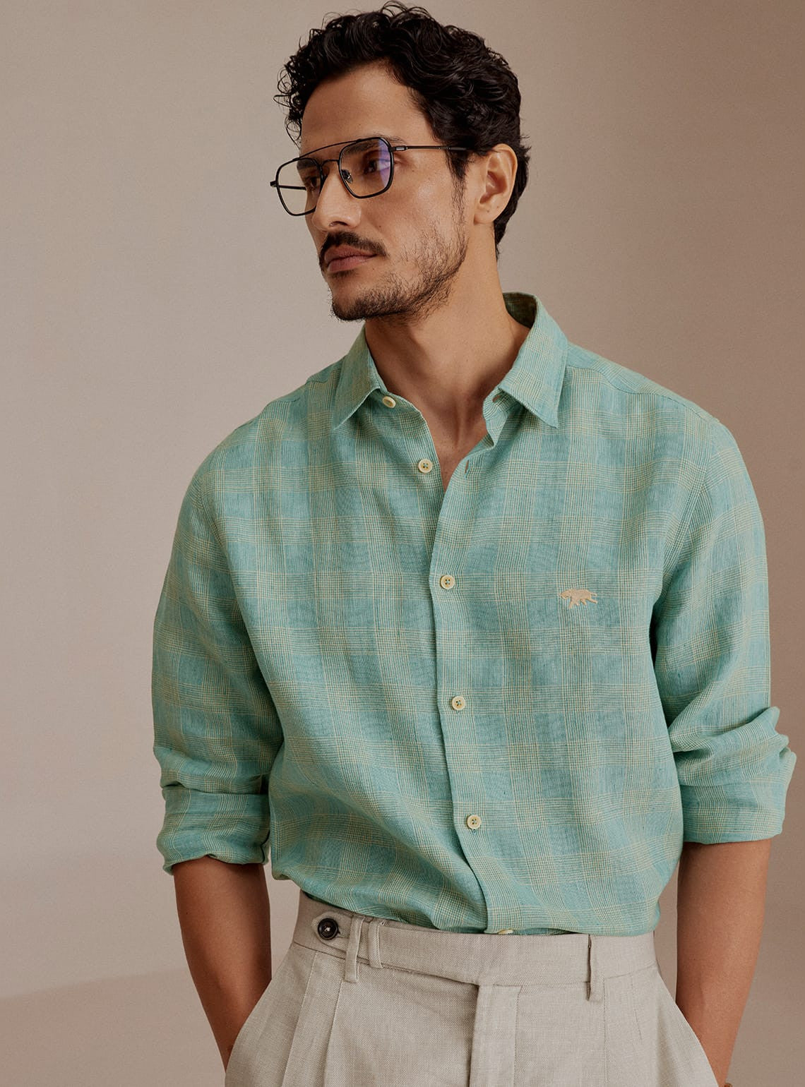 Teal Grid Linen Shirt