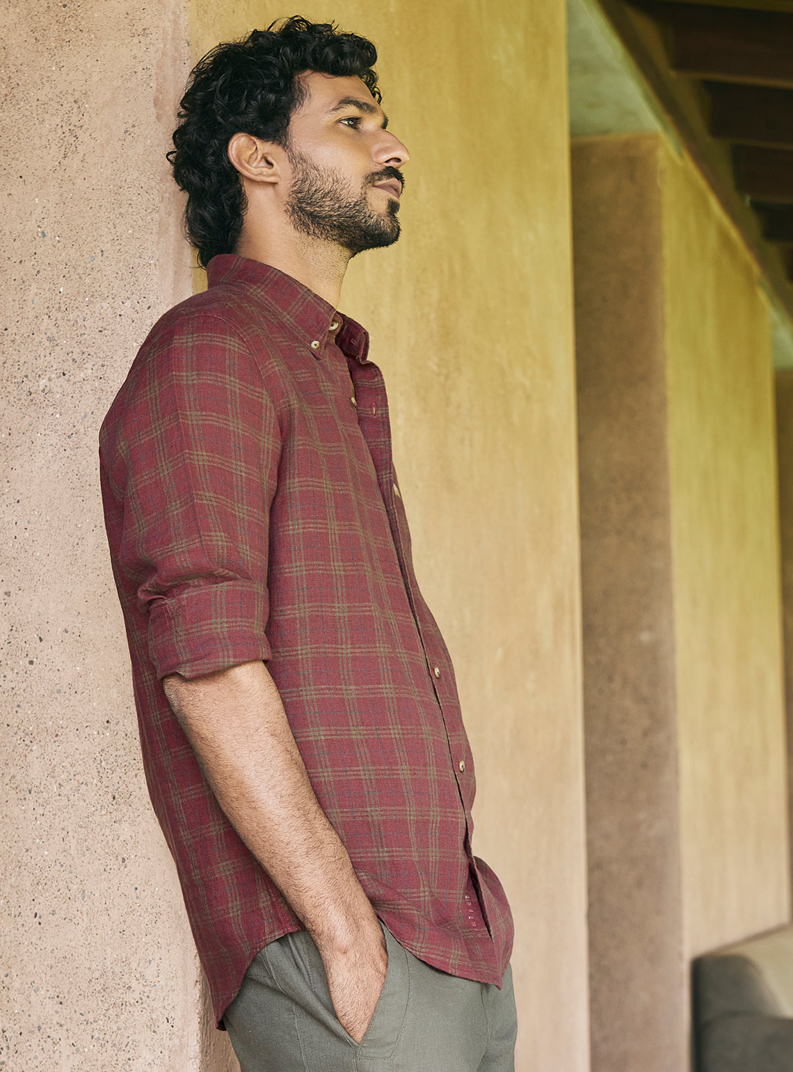 Plum Burgundy European Linen Check Shirt
