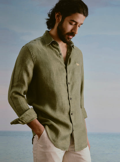 Moss Olive Linen Dobby Shirt