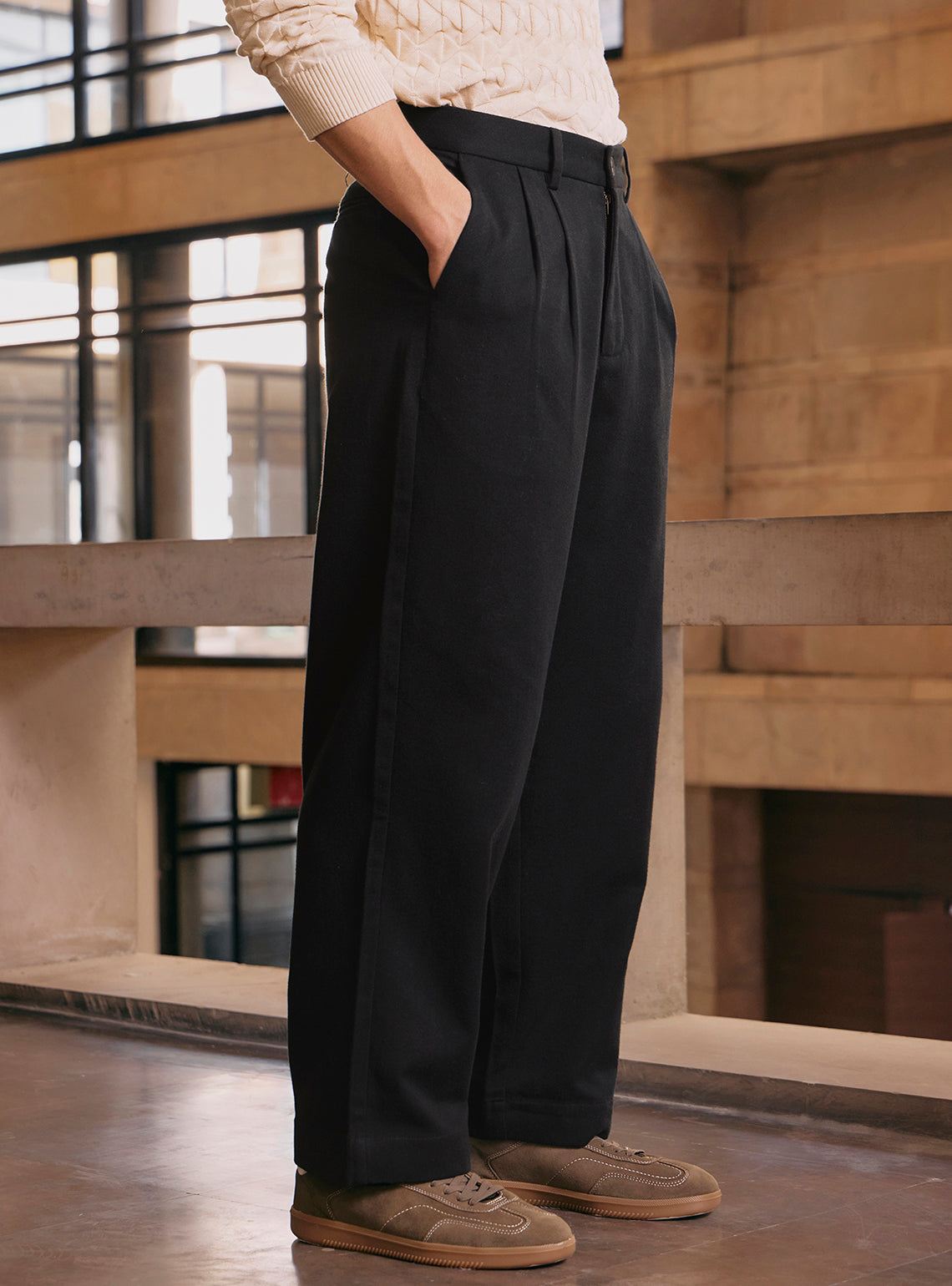 Onyx Black Cotton Pleated Trousers