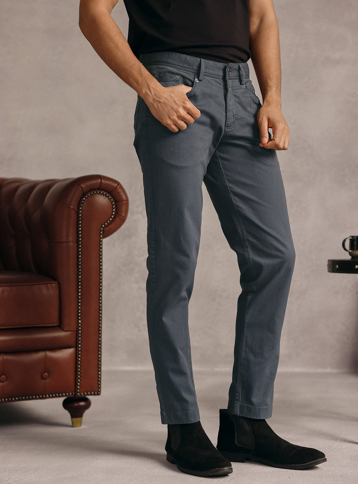 Storm Blue Cotton Blend Overdye Denim Chinos
