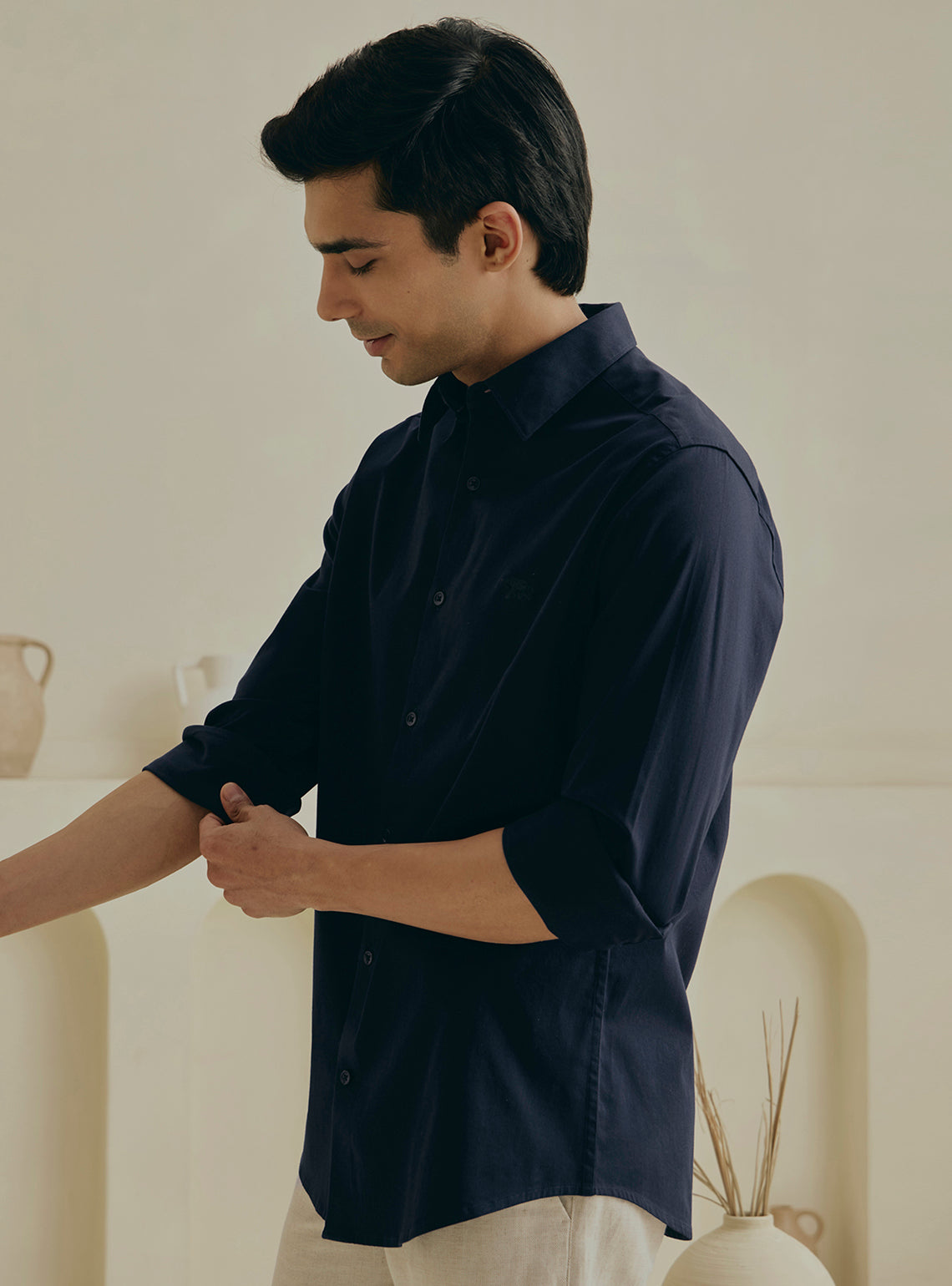 Azure Navy Cotton Stretch Satin Shirt