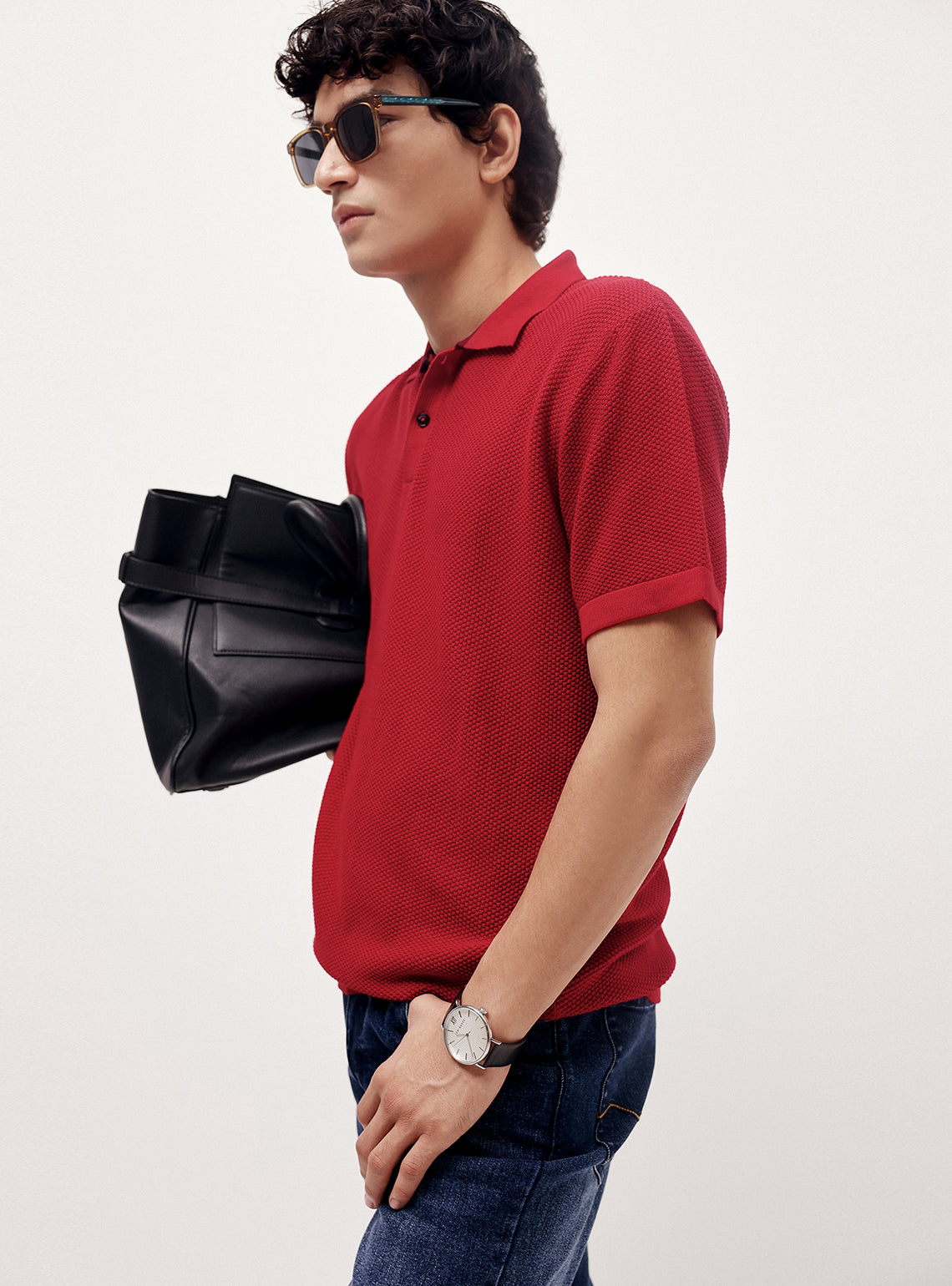 Cinnebar Red Cotton Moss Knit Polo