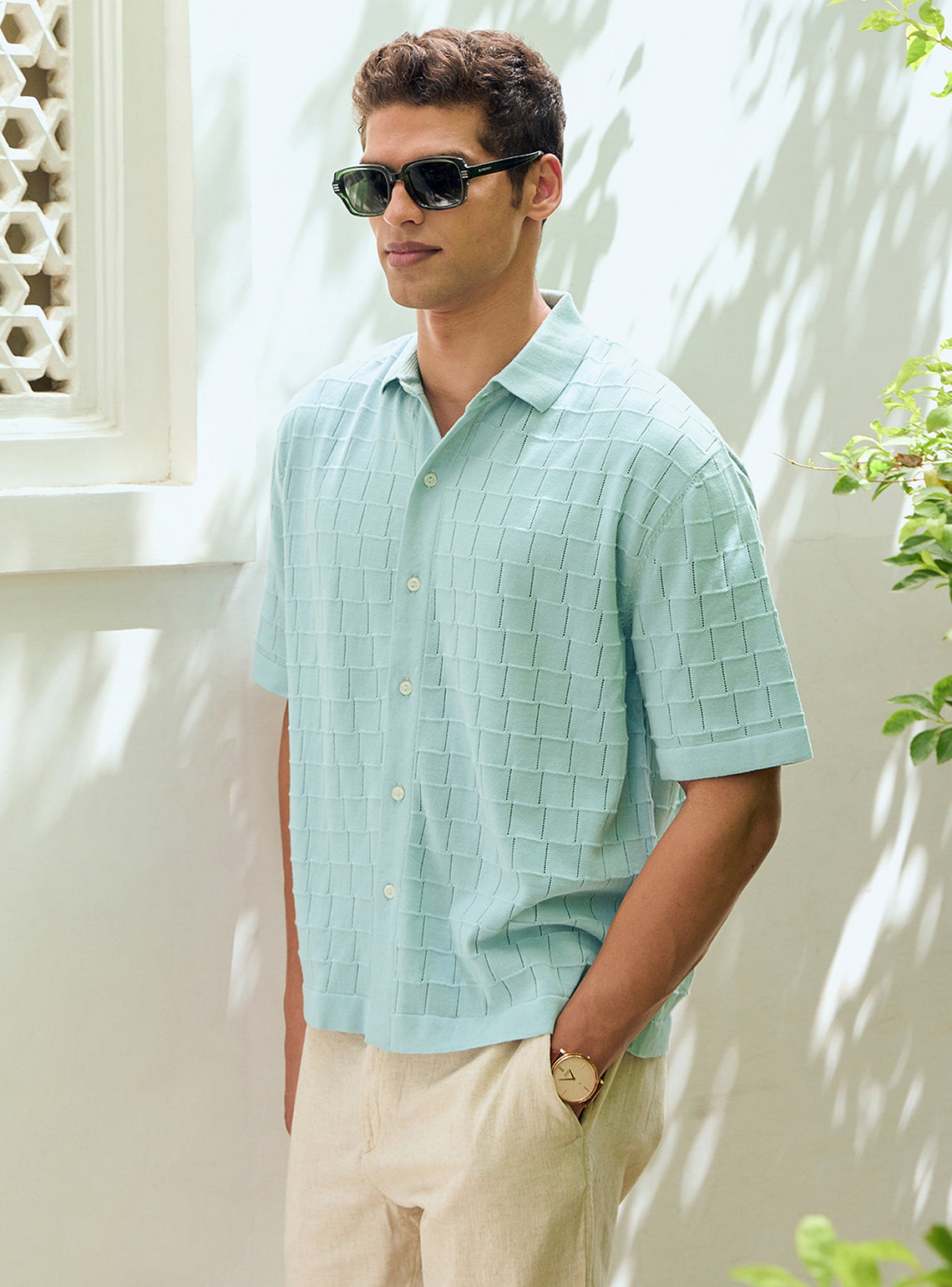 Ice Blue Cotton Pointelle Shirt