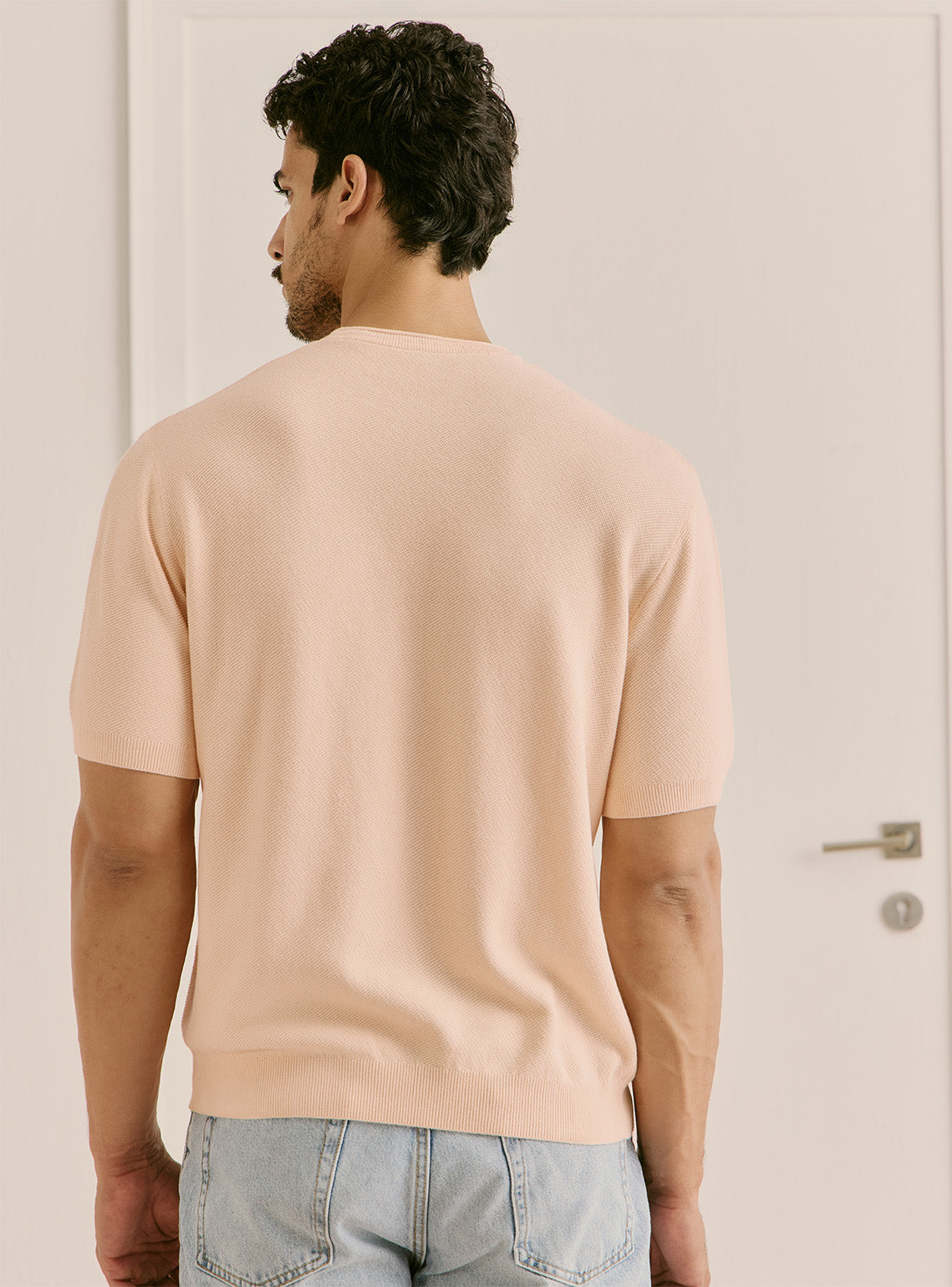 Petal Pink Cotton Honeycomb Knit Crewneck