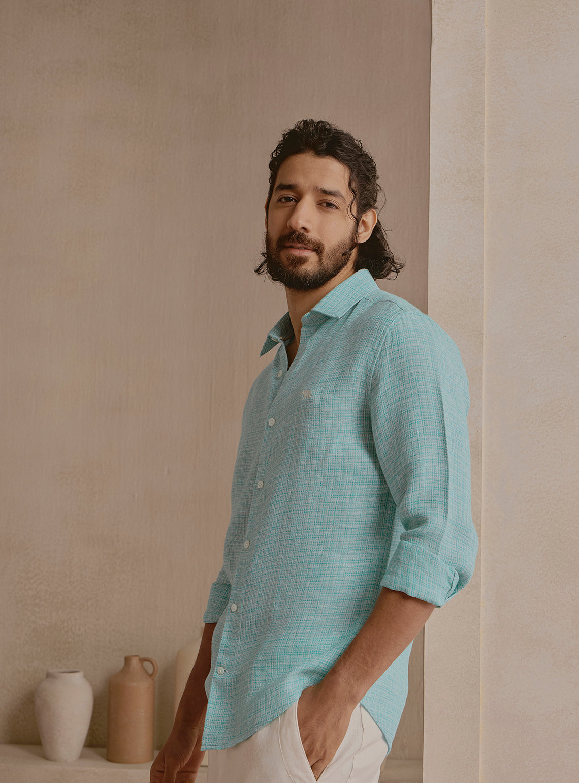 Lagoon Teal Linen Structure Shirt