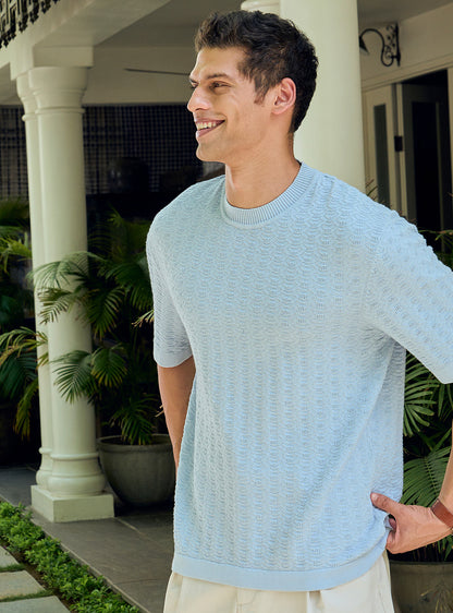 Casper Blue Cotton Pointelle Crew