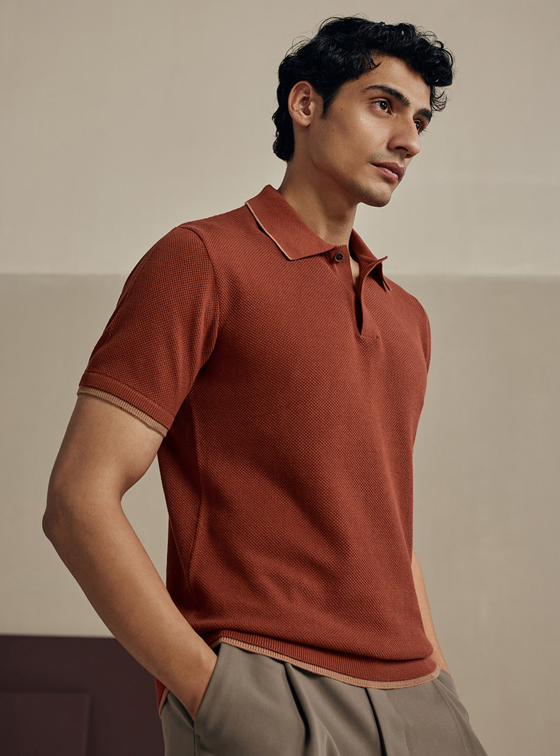 Burnt Rust Moss Knit Cotton Polo
