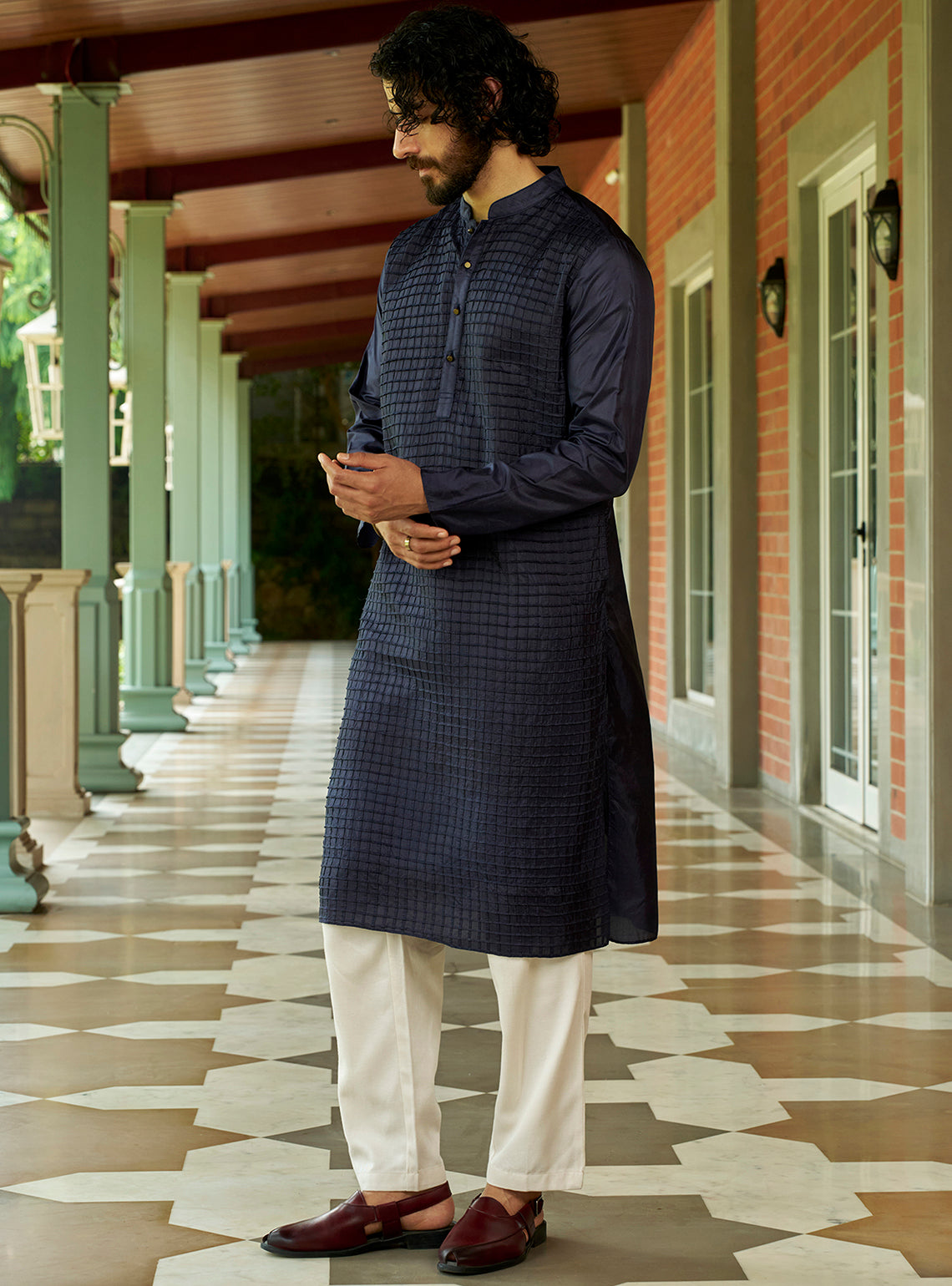 Indh Navy Bangalore Silk Kurta