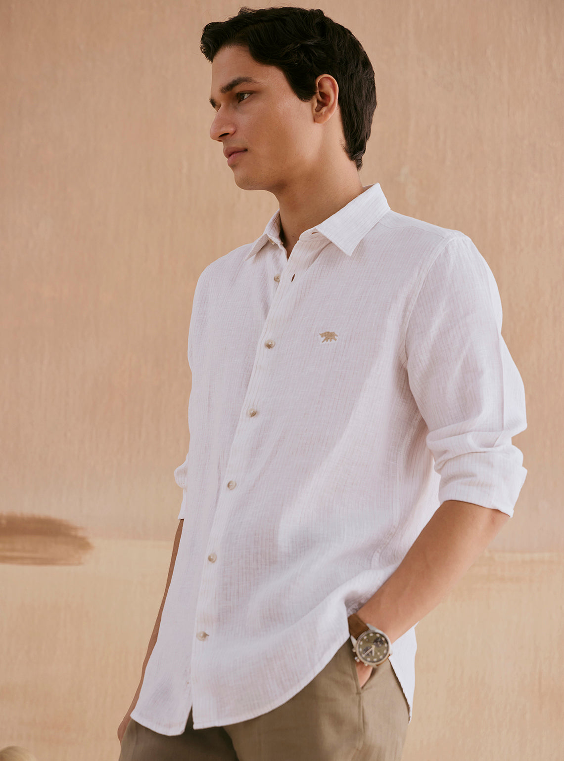 Snow Beige Stripe Linen Shirt