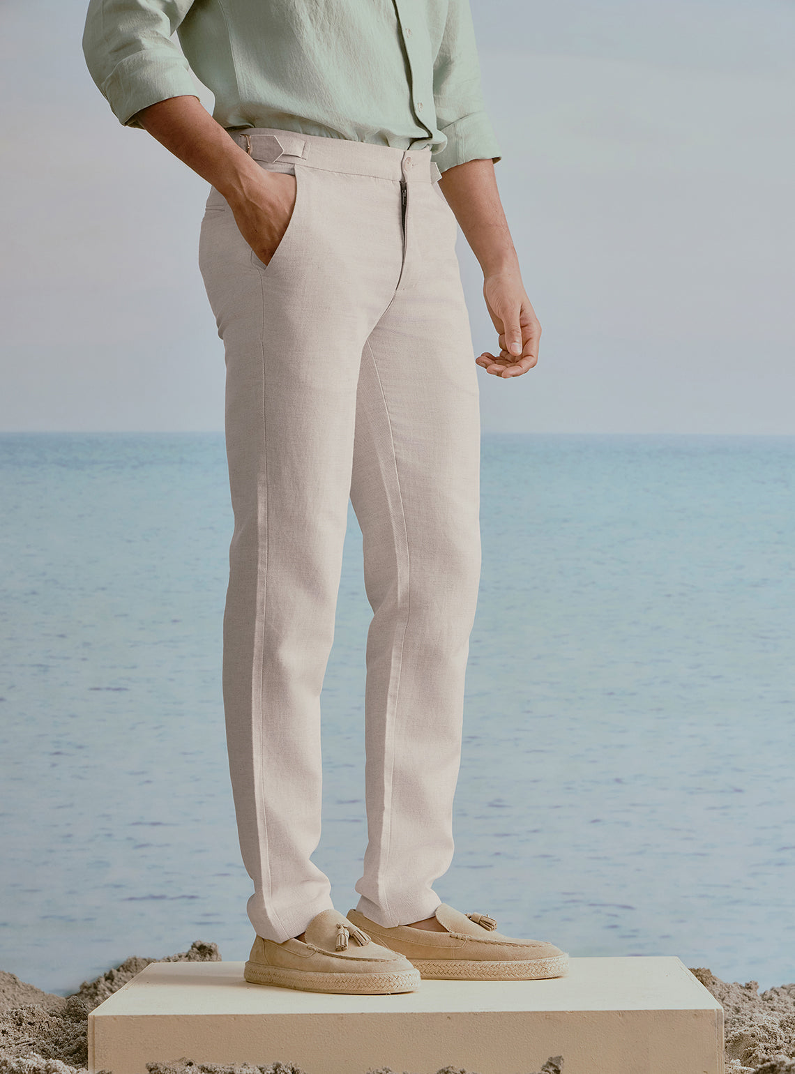 Dune Beige Linen Herringbone Trousers
