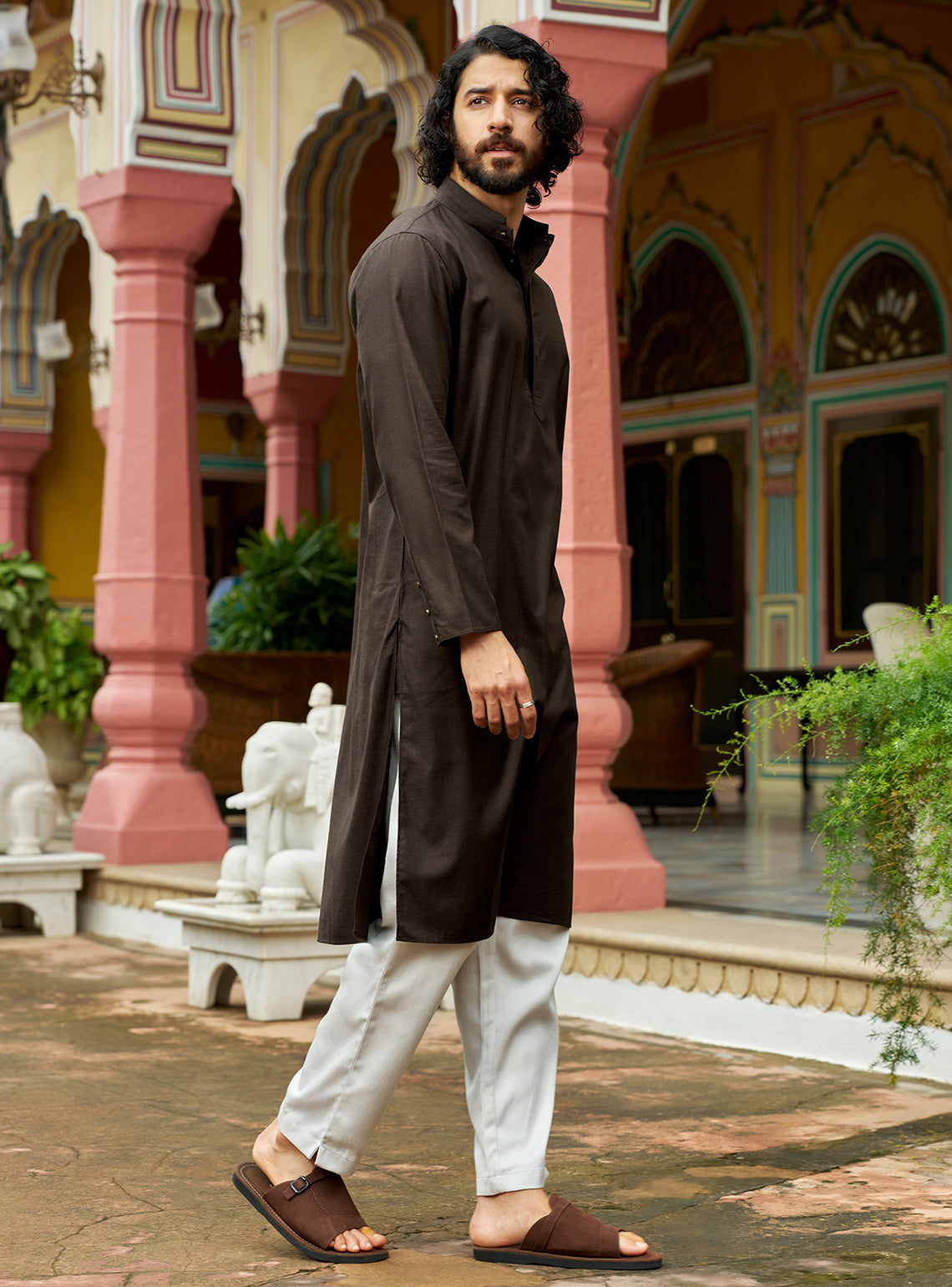 Dharti Brown Cotton Blend Melange Kurta