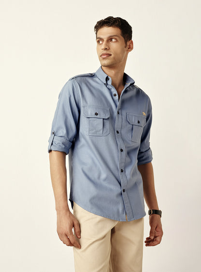 Deep Blue Cotton Twill Utility Shirt