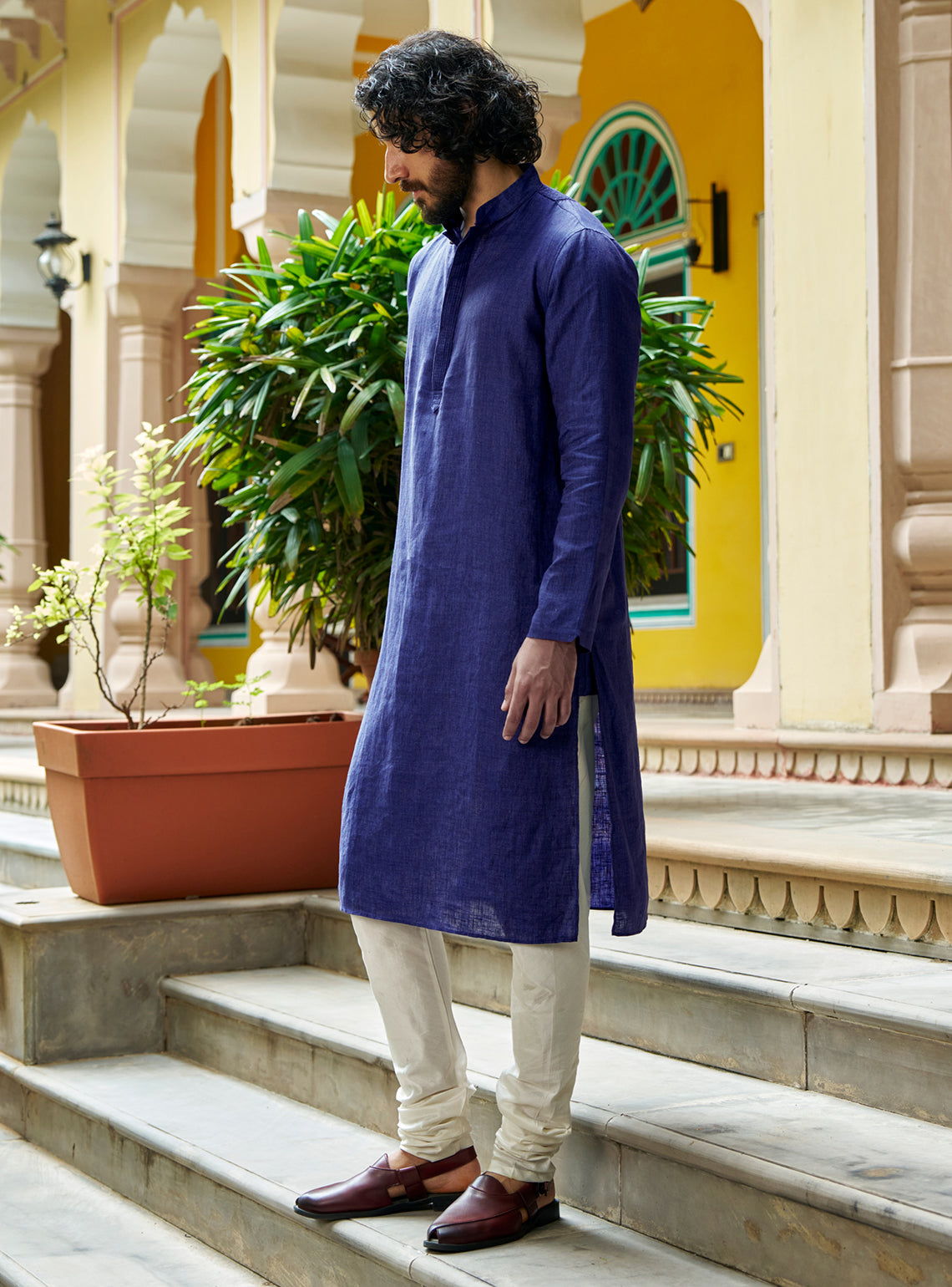 Neel Navy Linen Kurta