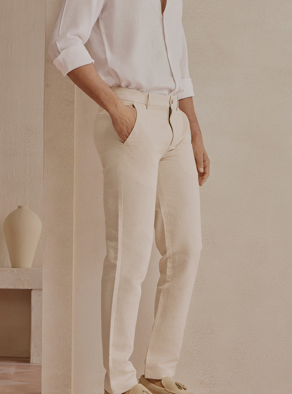 Dune Beige Linen Stripe Trousers