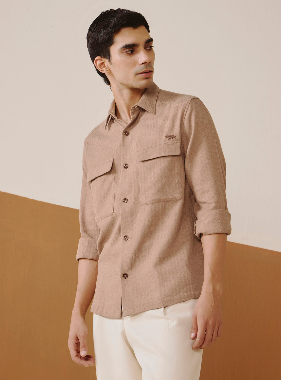 Khahi Taupe Cotton Melange Overshirt