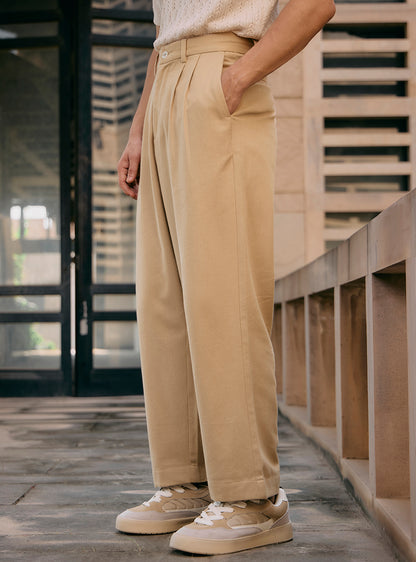 Camel Khaki Cotton Pleated Trousers