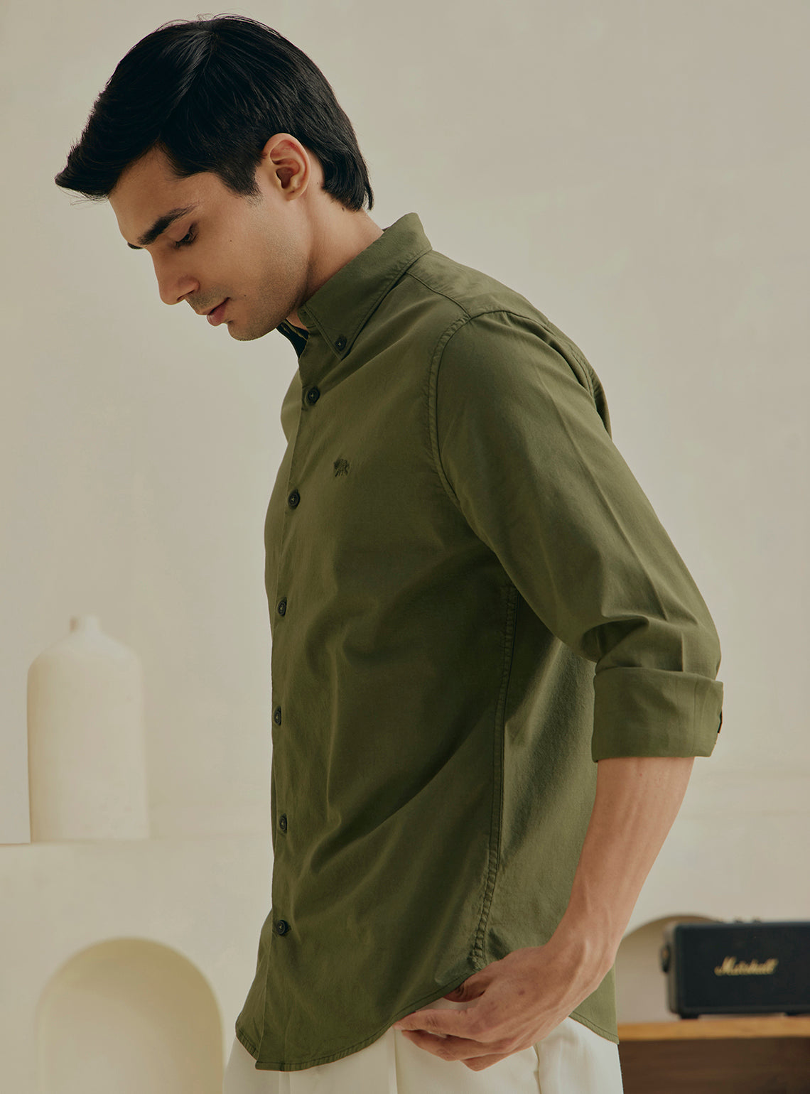 Arugula Olive Cotton Stretch Oxford Shirt