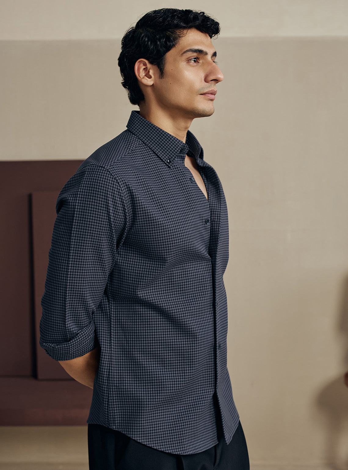 Ink Black Houndstooth Dobby Cotton Shirt